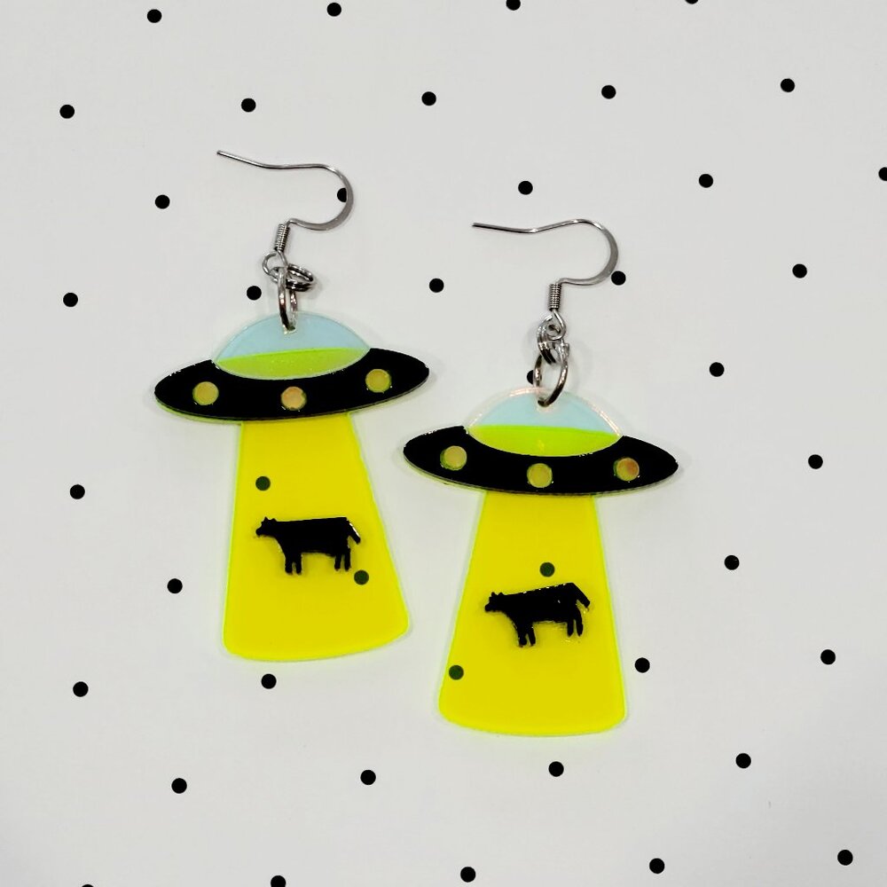 Yellow Spaceship Beaming Up A Cow Earrings Stainless Steel Hooks Funky Teacher
